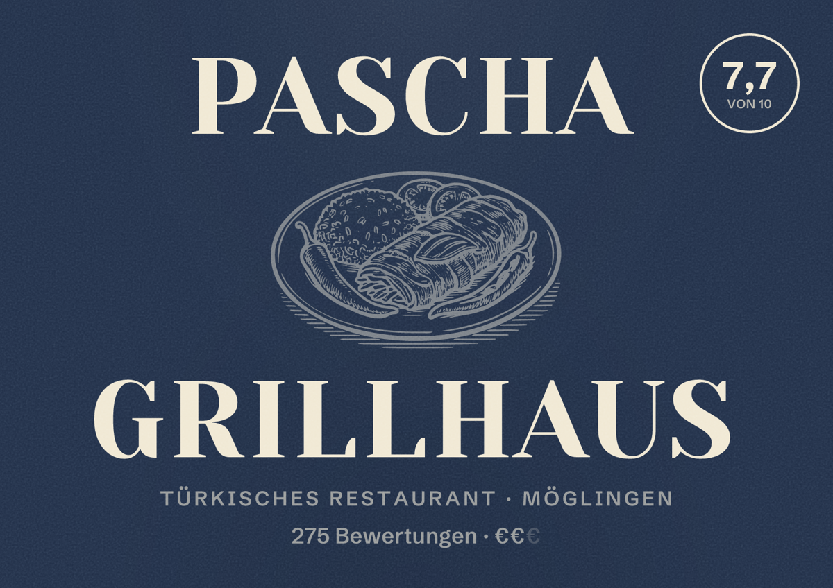 Illustriertes Poster von Pascha Grillhaus, Türkisches Restaurant in Möglingen: Bewertung 7,7 von 10 aus 275 Bewertungen, Preisniveau €€