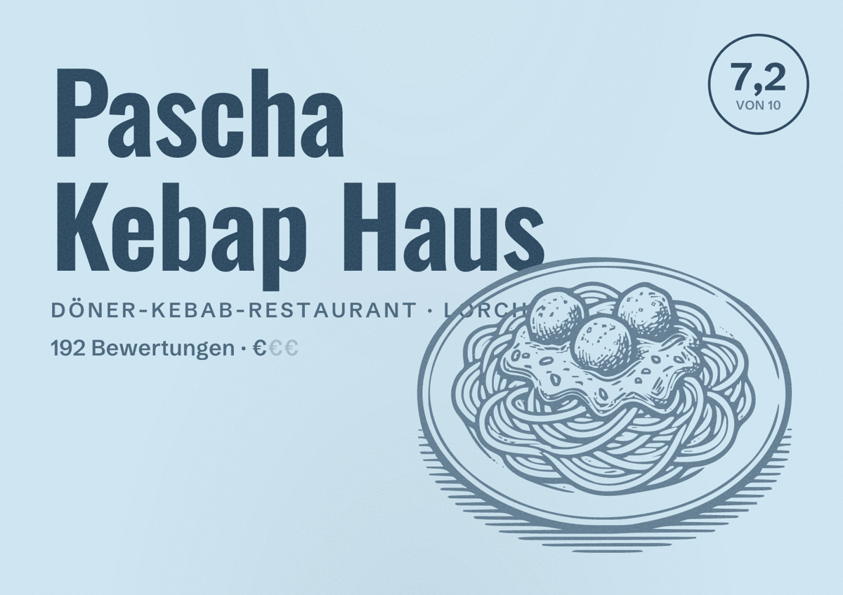 Illustriertes Poster von Pascha Kebap Haus, Döner-Kebab-Restaurant in Lorch: Bewertung 7,2 von 10 aus 192 Bewertungen, Preisniveau €