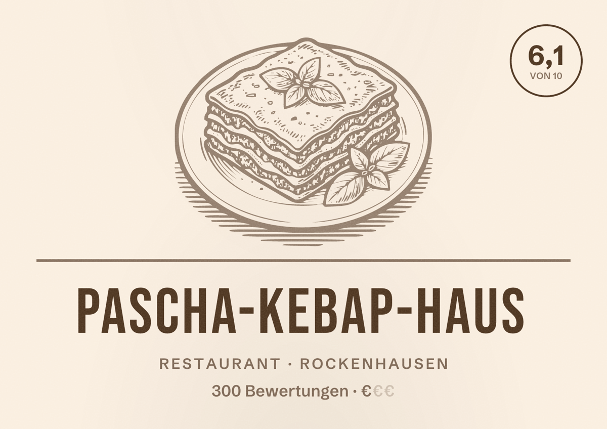 Illustriertes Poster von Pascha-Kebap-Haus, Restaurant in Rockenhausen: Bewertung 6,1 von 10 aus 300 Bewertungen, Preisniveau €