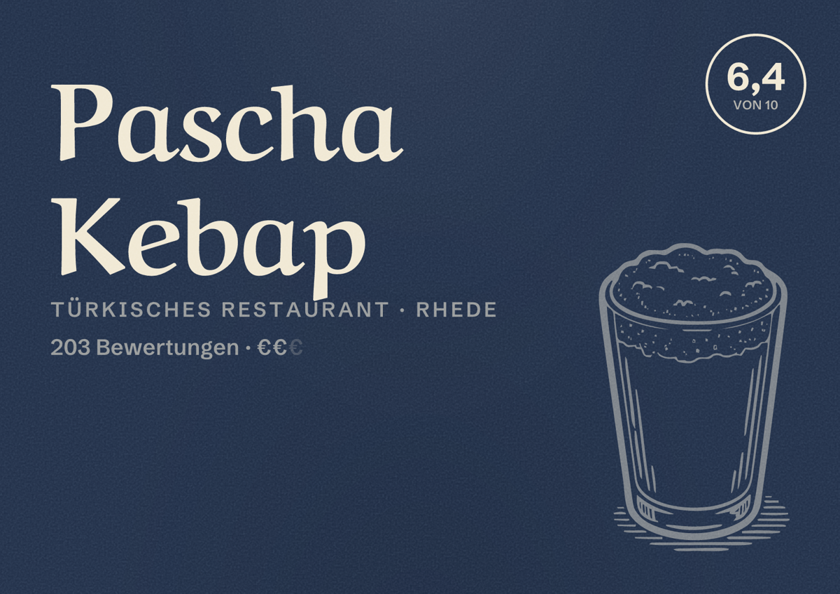 Illustriertes Poster von Pascha Kebap, Türkisches Restaurant in Rhede: Bewertung 6,4 von 10 aus 203 Bewertungen, Preisniveau €€