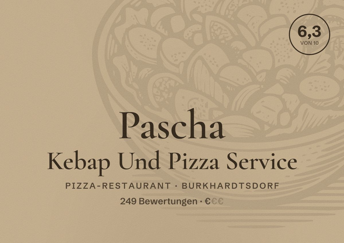 Illustriertes Poster von Pascha Kebap Und Pizza Service, Pizza-Restaurant in Burkhardtsdorf: Bewertung 6,3 von 10 aus 249 Bewertungen, Preisniveau €