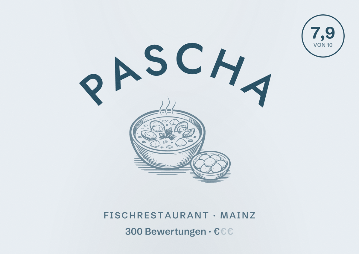 Illustriertes Poster von Pascha, Fischrestaurant in Mainz: Bewertung 7,9 von 10 aus 300 Bewertungen, Preisniveau €