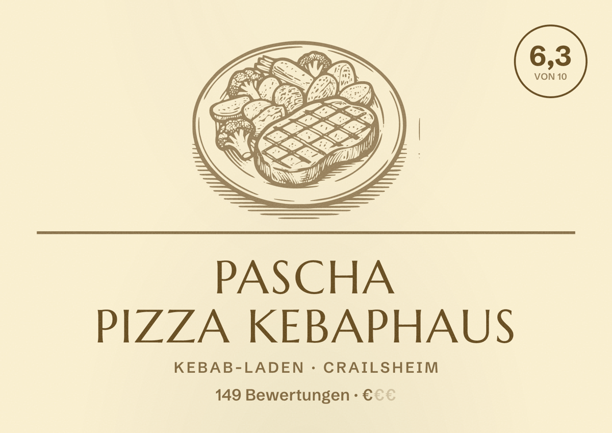 Illustriertes Poster von Pascha Pizza Kebaphaus, Kebab-Laden in Crailsheim: Bewertung 6,3 von 10 aus 149 Bewertungen, Preisniveau €