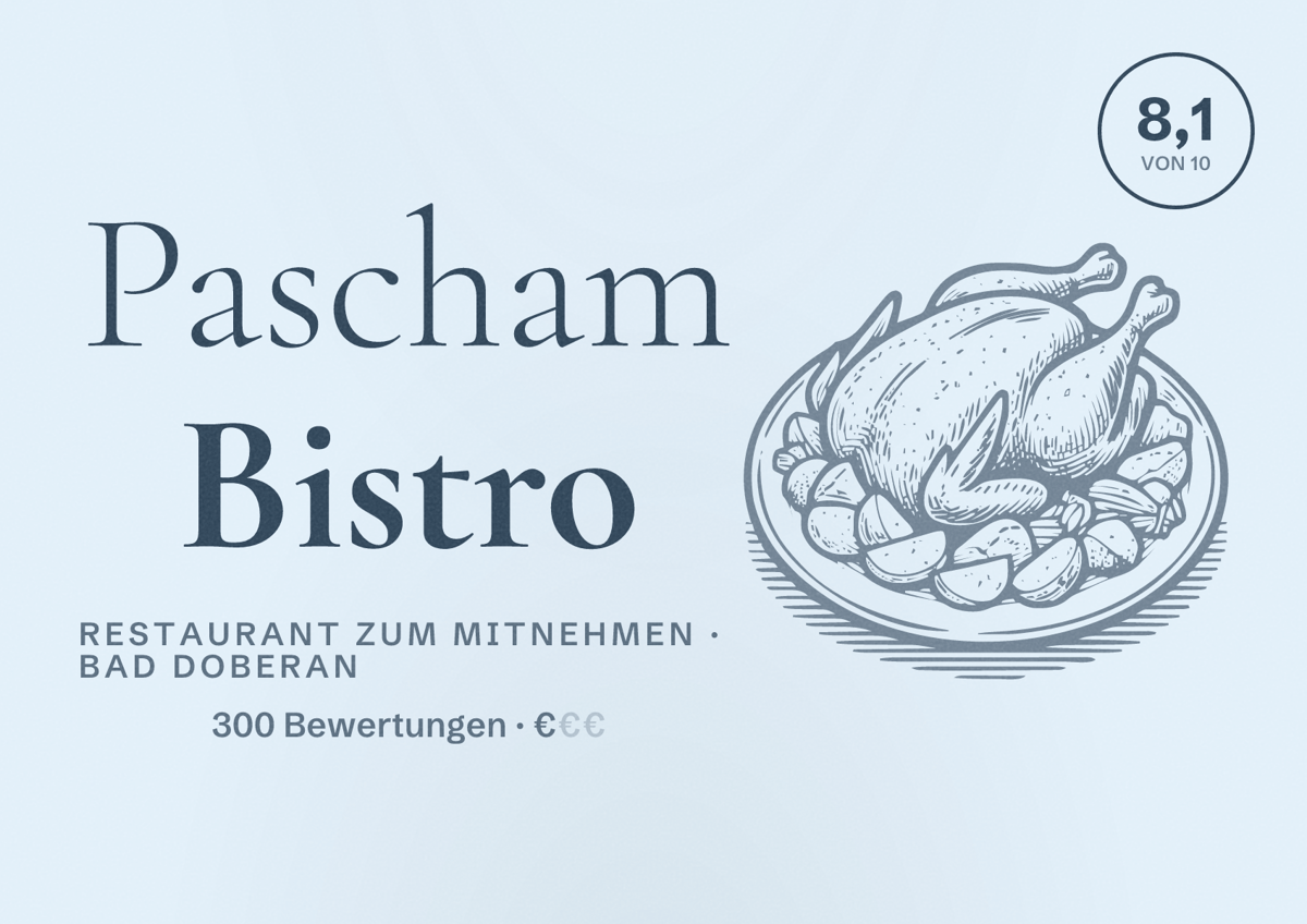 Illustriertes Poster von Pascham Bistro, Restaurant zum Mitnehmen in Bad Doberan: Bewertung 8,1 von 10 aus 300 Bewertungen, Preisniveau €