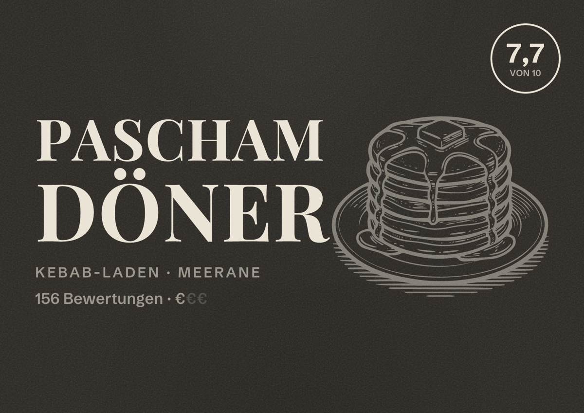 Illustriertes Poster von Pascham Döner, Kebab-Laden in Meerane: Bewertung 7,7 von 10 aus 156 Bewertungen, Preisniveau €