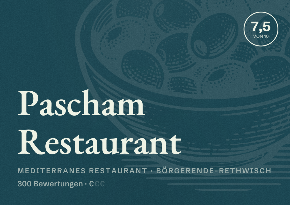 Illustriertes Poster von Pascham Restaurant, Mediterranes Restaurant in Börgerende-Rethwisch: Bewertung 7,5 von 10 aus 300 Bewertungen, Preisniveau €