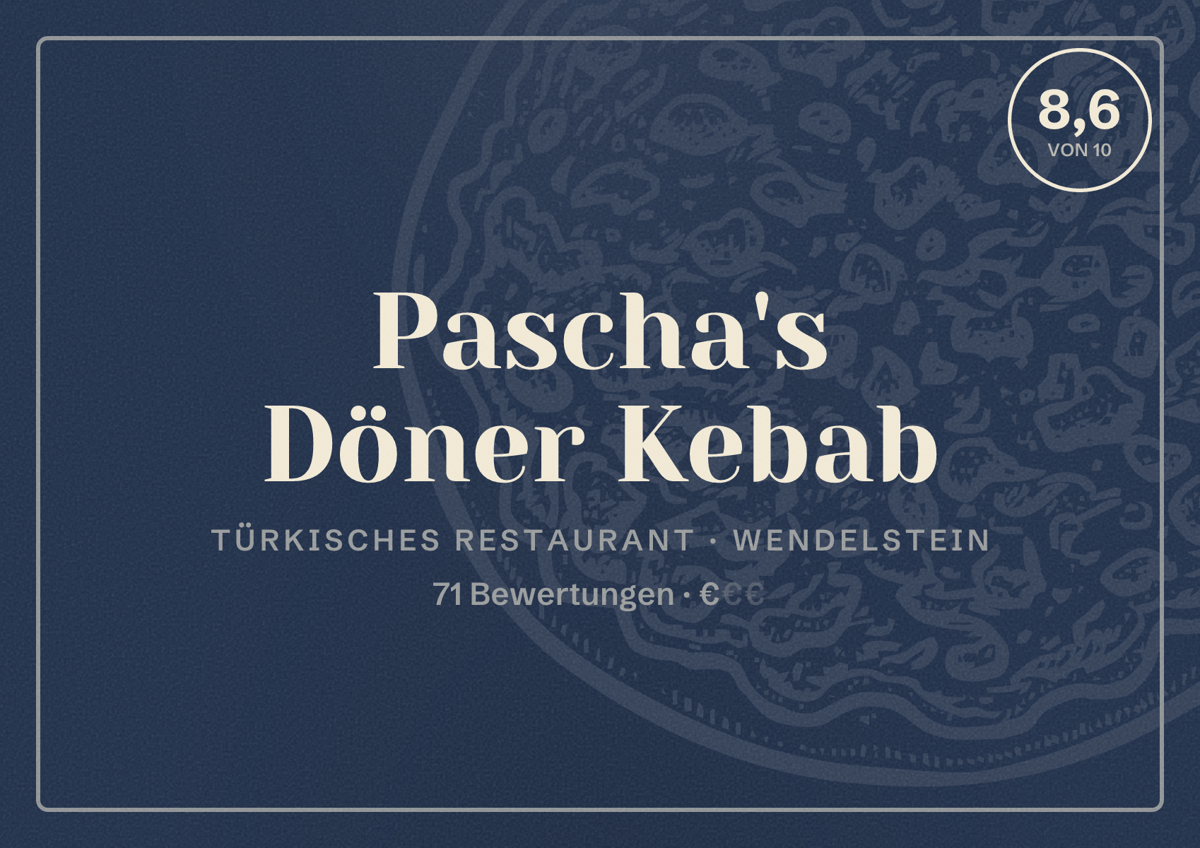 Illustriertes Poster von Pascha's Döner Kebab, Türkisches Restaurant in Wendelstein: Bewertung 8,6 von 10 aus 71 Bewertungen, Preisniveau €