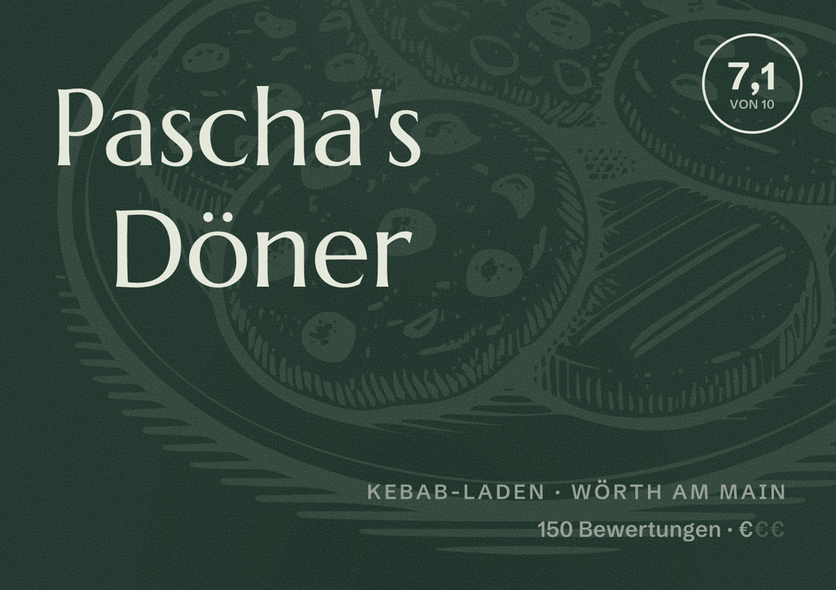 Illustriertes Poster von Pascha's Döner, Kebab-Laden in Wörth am Main: Bewertung 7,1 von 10 aus 150 Bewertungen, Preisniveau €