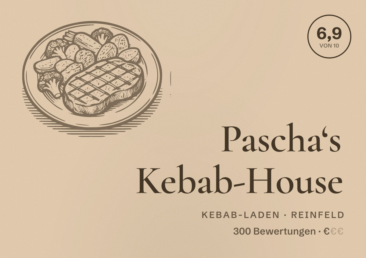 Illustriertes Poster von Pascha‘s Kebab-House, Kebab-Laden in Reinfeld: Bewertung 6,9 von 10 aus 300 Bewertungen, Preisniveau €