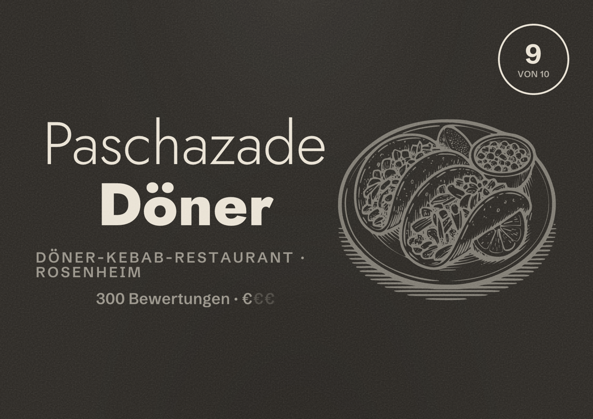 Illustriertes Poster von Paschazade Döner, Döner-Kebab-Restaurant in Rosenheim: Bewertung 9 von 10 aus 300 Bewertungen, Preisniveau €