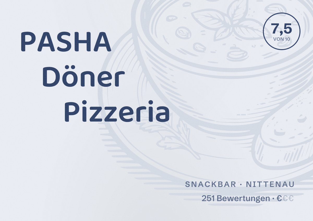 Illustriertes Poster von PASHA Döner Pizzeria, Snackbar in Nittenau: Bewertung 7,5 von 10 aus 251 Bewertungen, Preisniveau €