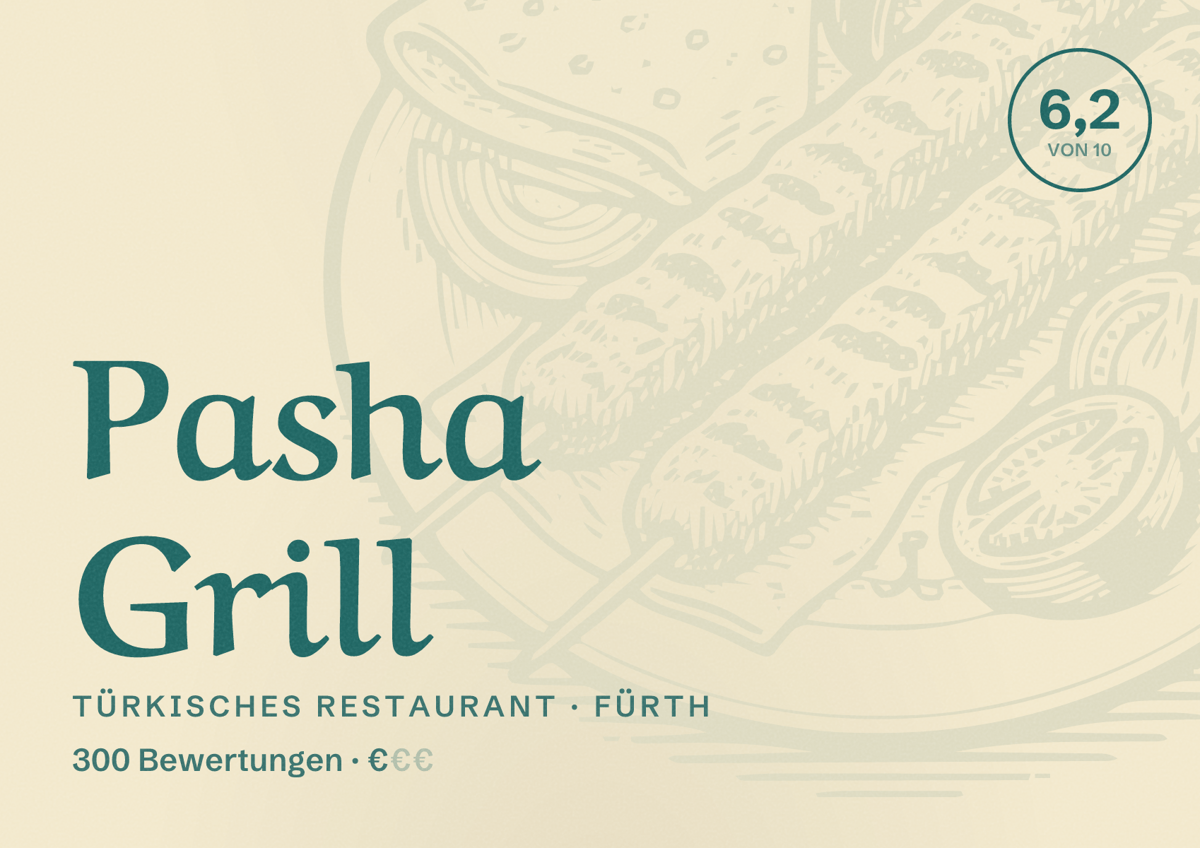 Illustriertes Poster von Pasha Grill, Türkisches Restaurant in Fürth: Bewertung 6,2 von 10 aus 300 Bewertungen, Preisniveau €