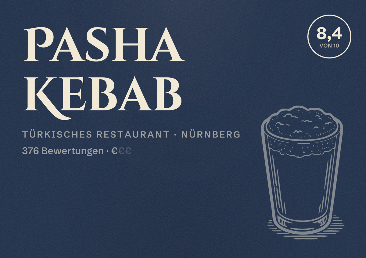 Illustriertes Poster von Pasha Kebab, Türkisches Restaurant in Nürnberg: Bewertung 8,4 von 10 aus 376 Bewertungen, Preisniveau €
