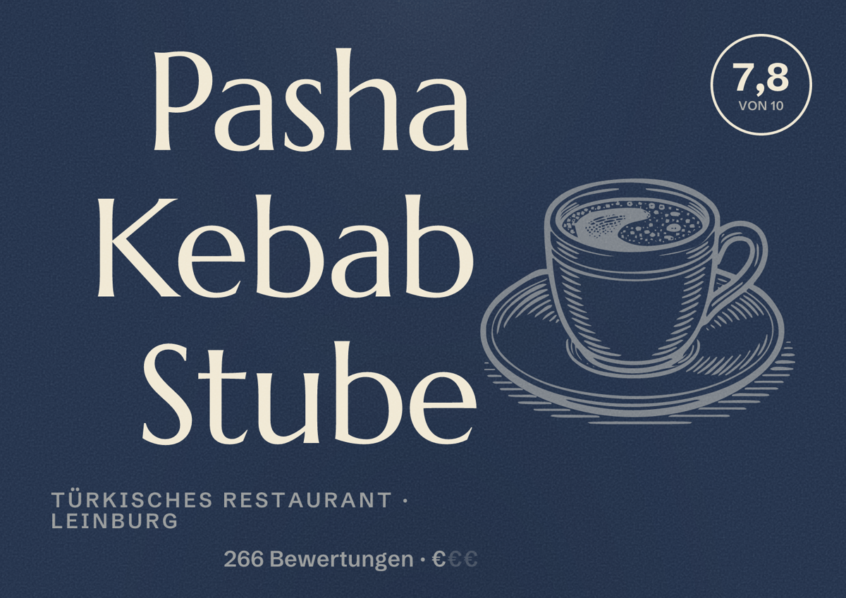 Illustriertes Poster von Pasha Kebab Stube, Türkisches Restaurant in Leinburg: Bewertung 7,8 von 10 aus 266 Bewertungen, Preisniveau €