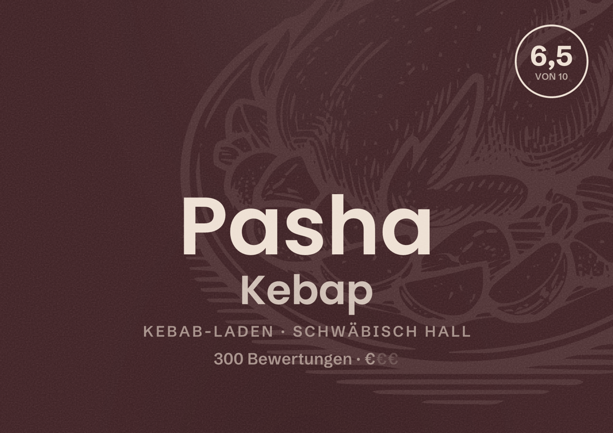 Illustriertes Poster von Pasha Kebap, Kebab-Laden in Schwäbisch Hall: Bewertung 6,5 von 10 aus 300 Bewertungen, Preisniveau €