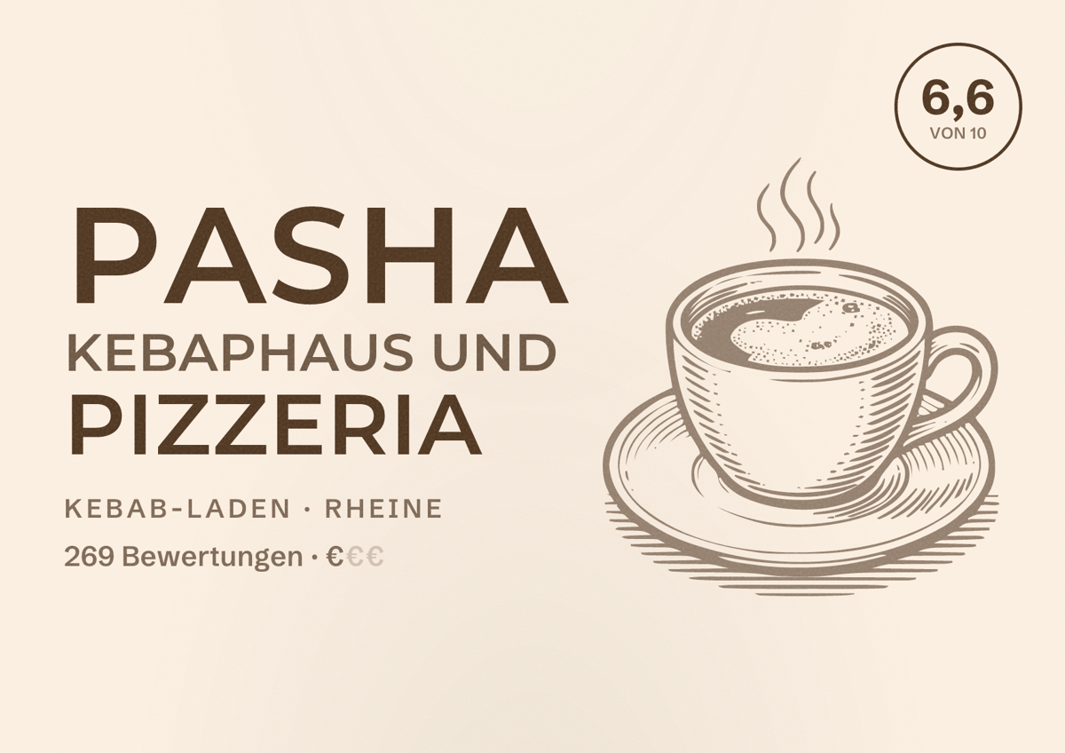Illustriertes Poster von PASHA Kebaphaus und Pizzeria, Kebab-Laden in Rheine: Bewertung 6,6 von 10 aus 269 Bewertungen, Preisniveau €