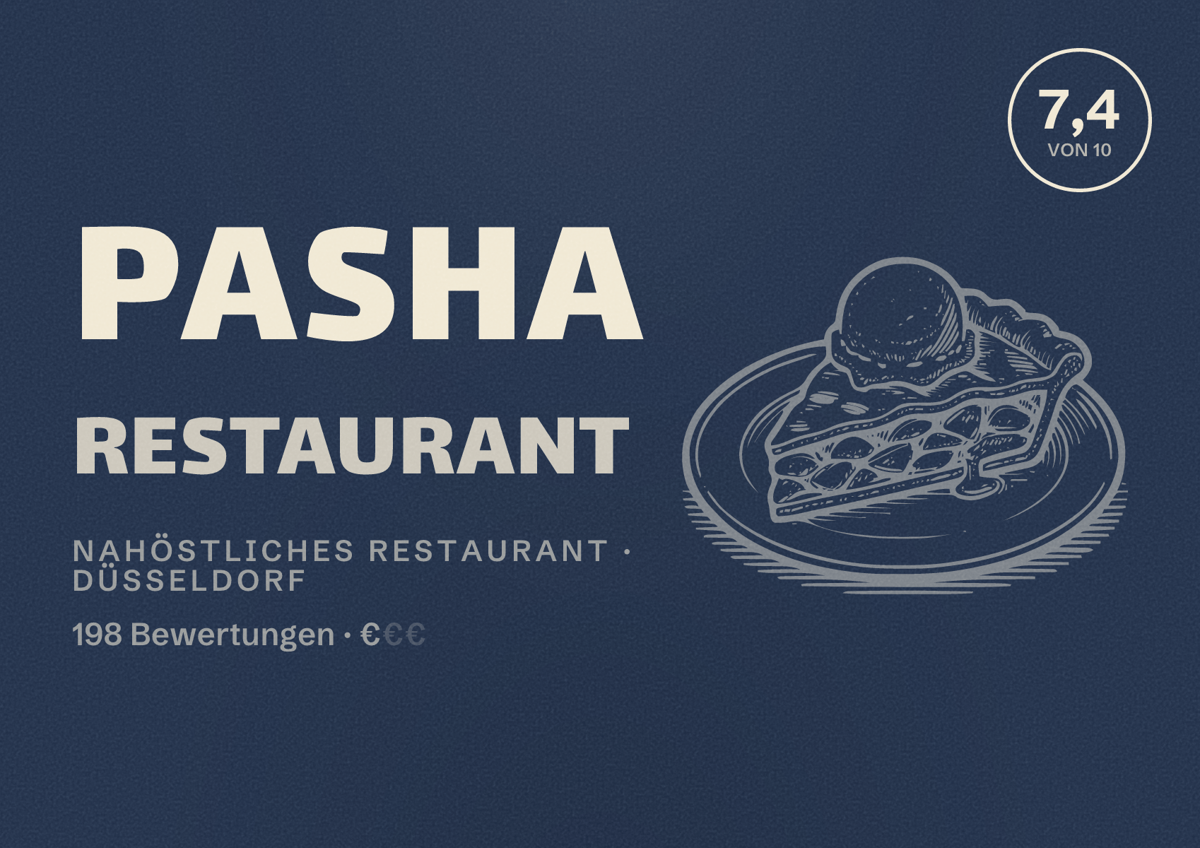 Illustriertes Poster von Pasha Restaurant, Nahöstliches Restaurant in Düsseldorf: Bewertung 7,4 von 10 aus 198 Bewertungen, Preisniveau €