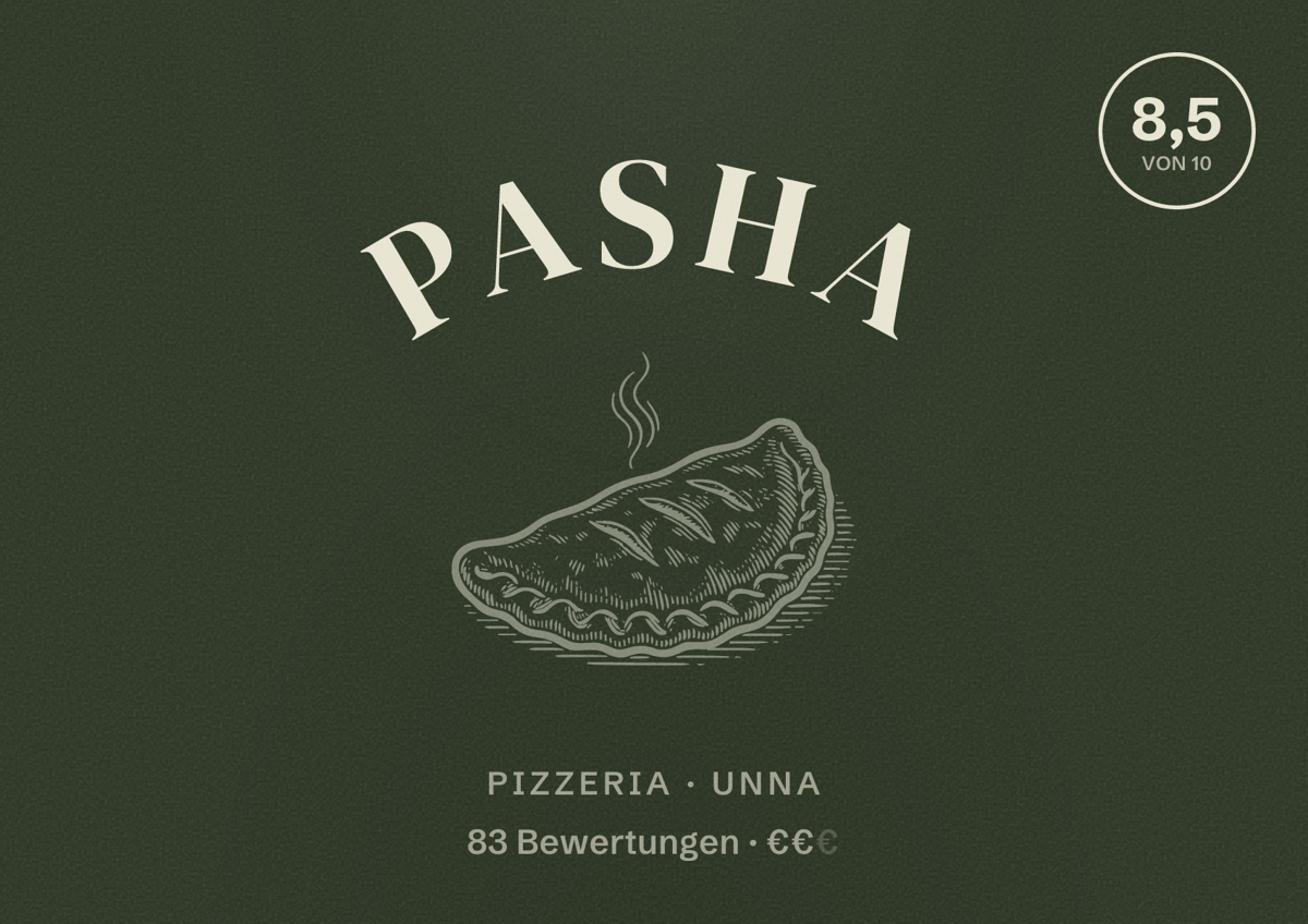 Illustriertes Poster von Pasha, Pizzeria in Unna: Bewertung 8,5 von 10 aus 83 Bewertungen, Preisniveau €€