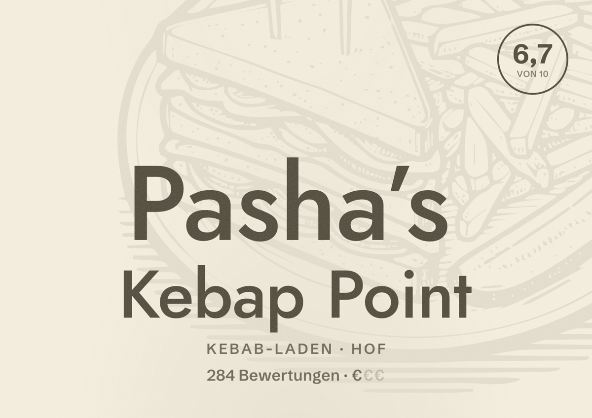 Illustriertes Poster von Pasha’s Kebap Point, Kebab-Laden in Hof: Bewertung 6,7 von 10 aus 284 Bewertungen, Preisniveau €