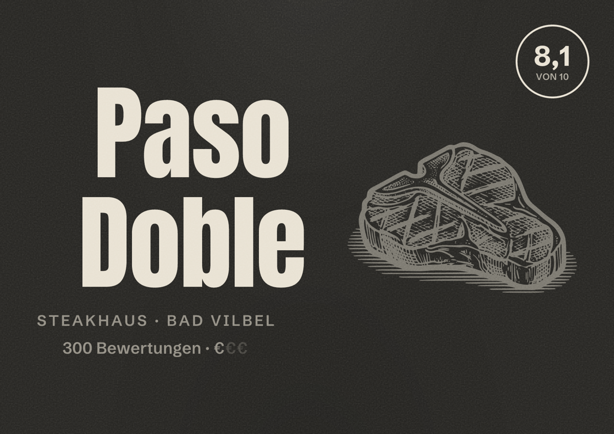 Illustriertes Poster von Paso Doble, Steakhaus in Bad Vilbel: Bewertung 8,1 von 10 aus 300 Bewertungen, Preisniveau €