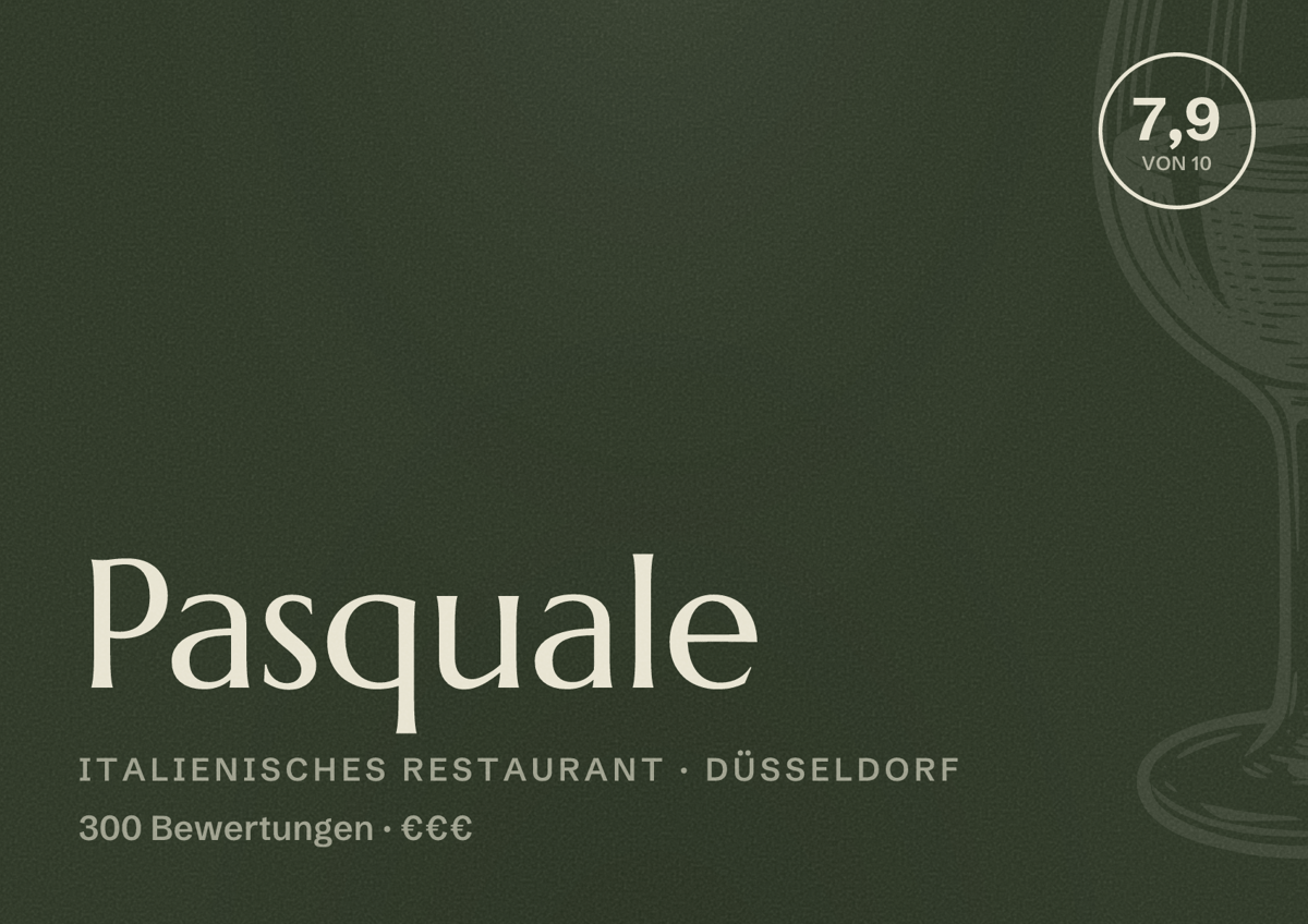 Illustriertes Poster von Pasquale, Italienisches Restaurant in Düsseldorf: Bewertung 7,9 von 10 aus 300 Bewertungen, Preisniveau €€€