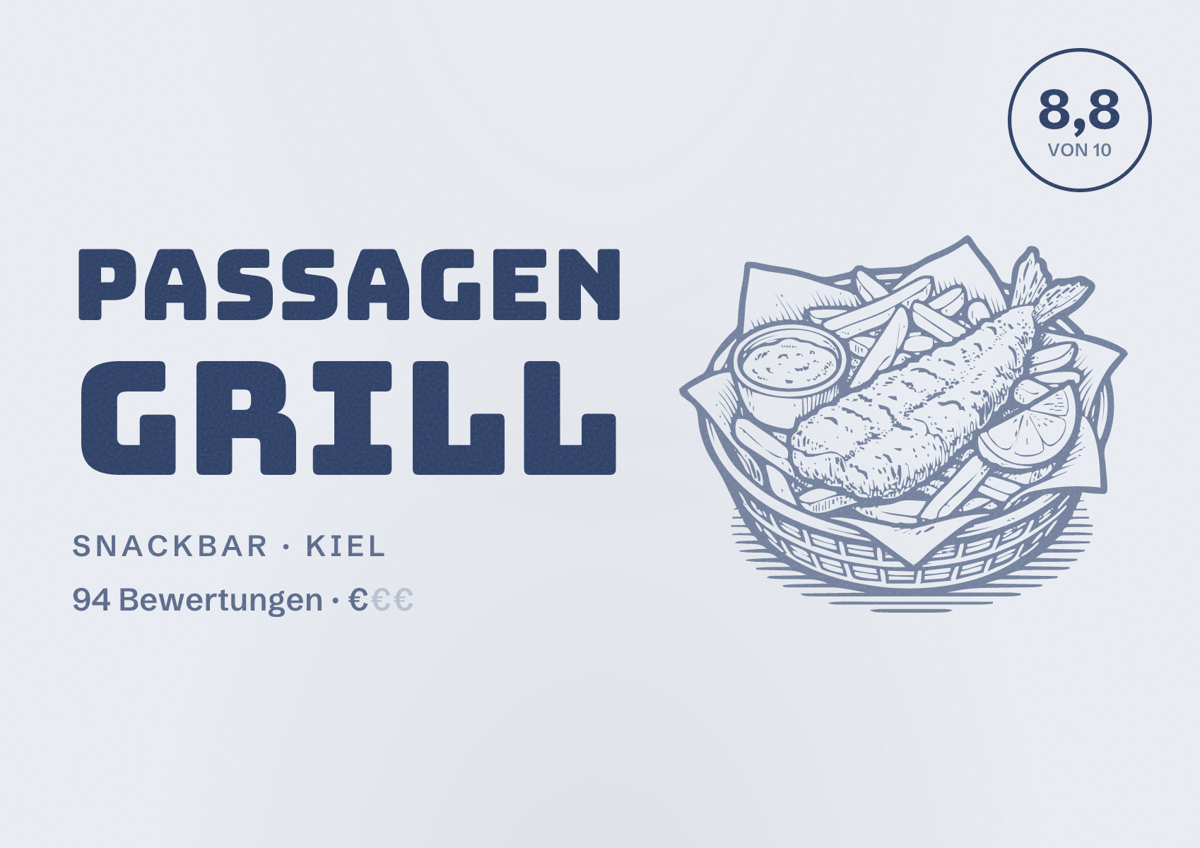 Illustriertes Poster von Passagen Grill, Snackbar in Kiel: Bewertung 8,8 von 10 aus 94 Bewertungen, Preisniveau €