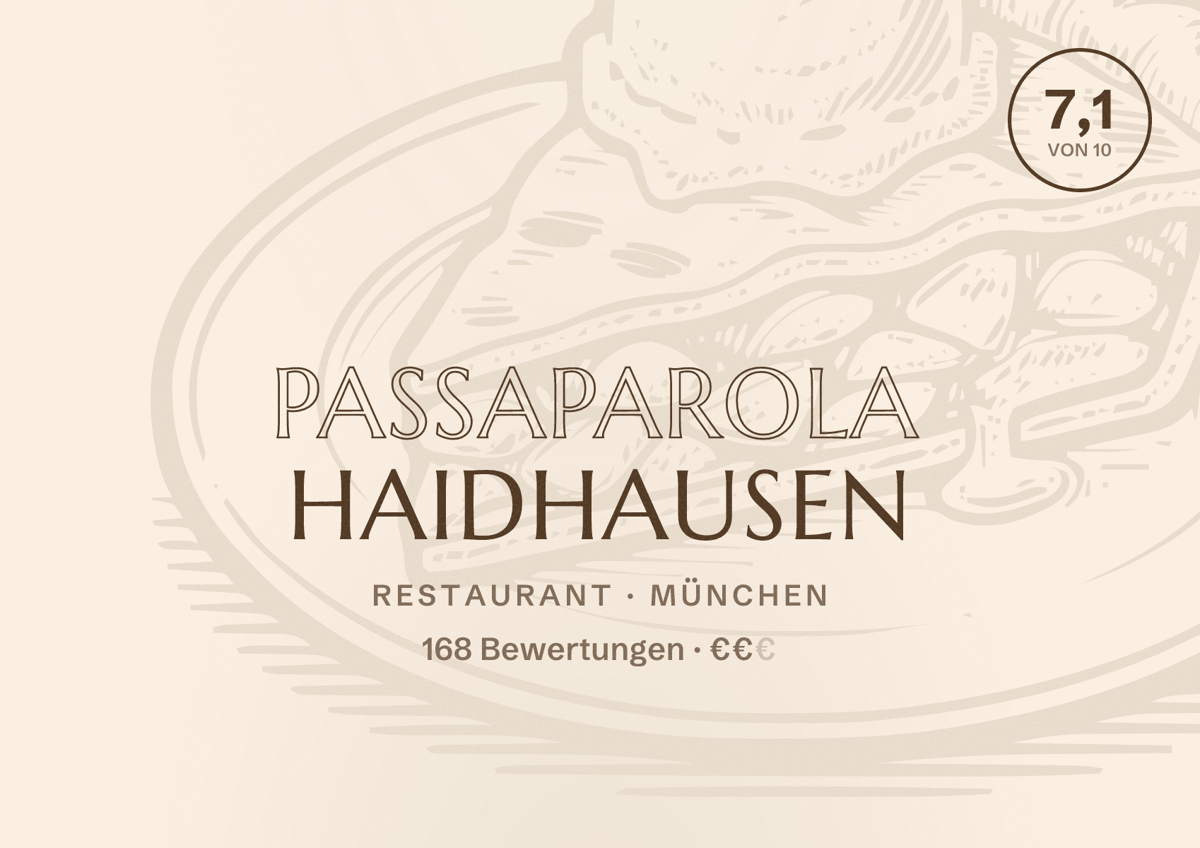 Illustriertes Poster von Passaparola Haidhausen, Restaurant in München: Bewertung 7,1 von 10 aus 168 Bewertungen, Preisniveau €€