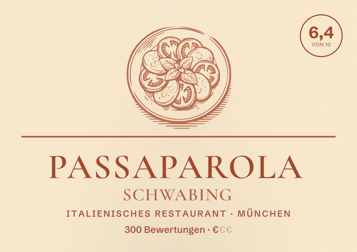Illustriertes Poster von Passaparola Schwabing, Italienisches Restaurant in München: Bewertung 6,4 von 10 aus 300 Bewertungen, Preisniveau €