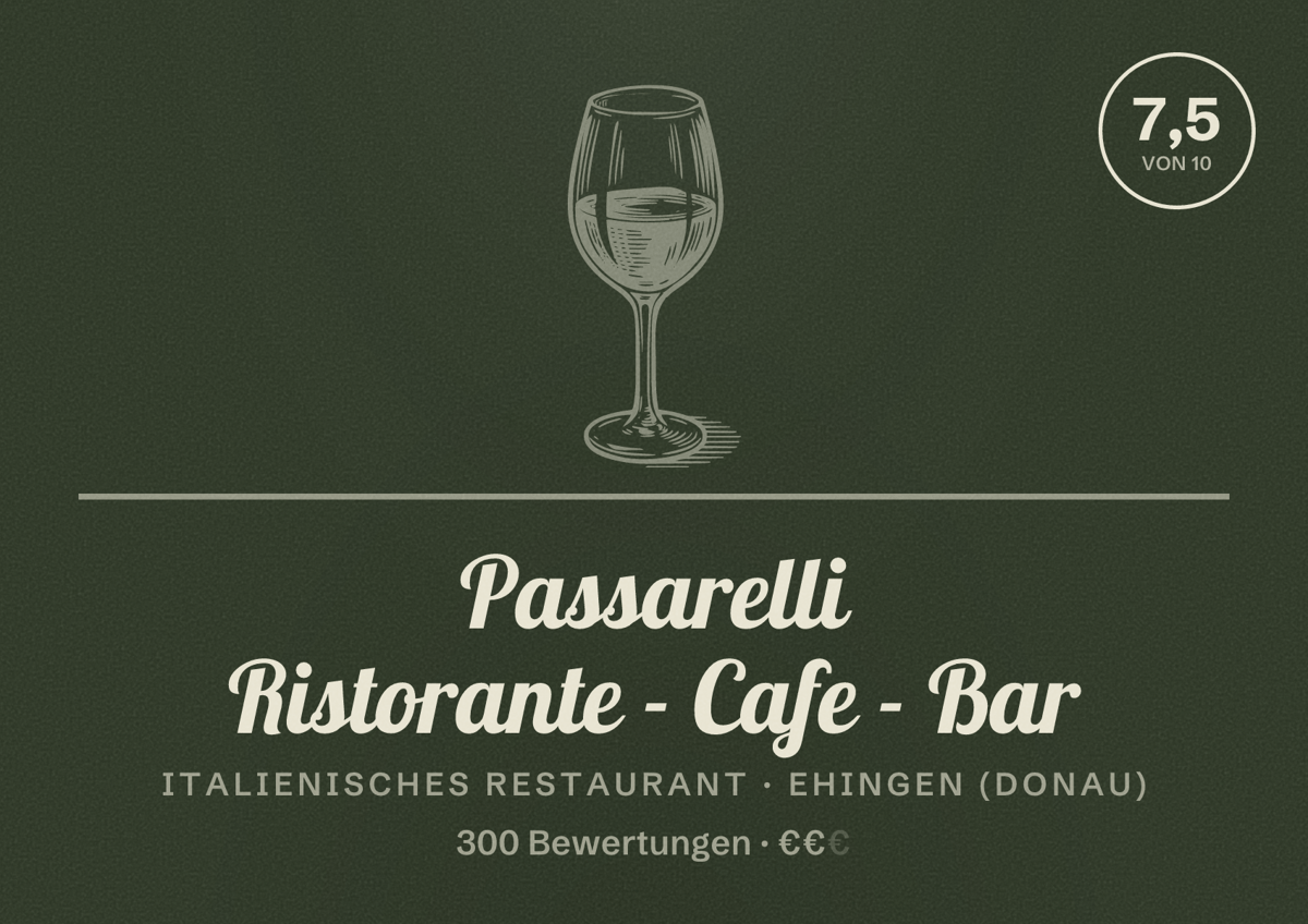 Illustriertes Poster von Passarelli Ristorante - Cafe - Bar, Italienisches Restaurant in Ehingen (Donau): Bewertung 7,5 von 10 aus 300 Bewertungen, Preisniveau €€