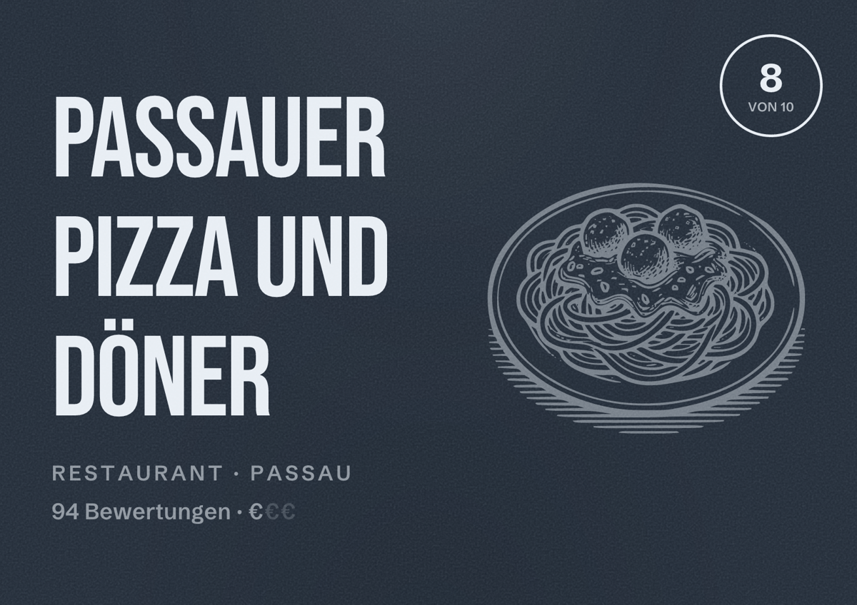 Illustriertes Poster von Passauer Pizza und Döner, Restaurant in Passau: Bewertung 8 von 10 aus 94 Bewertungen, Preisniveau €