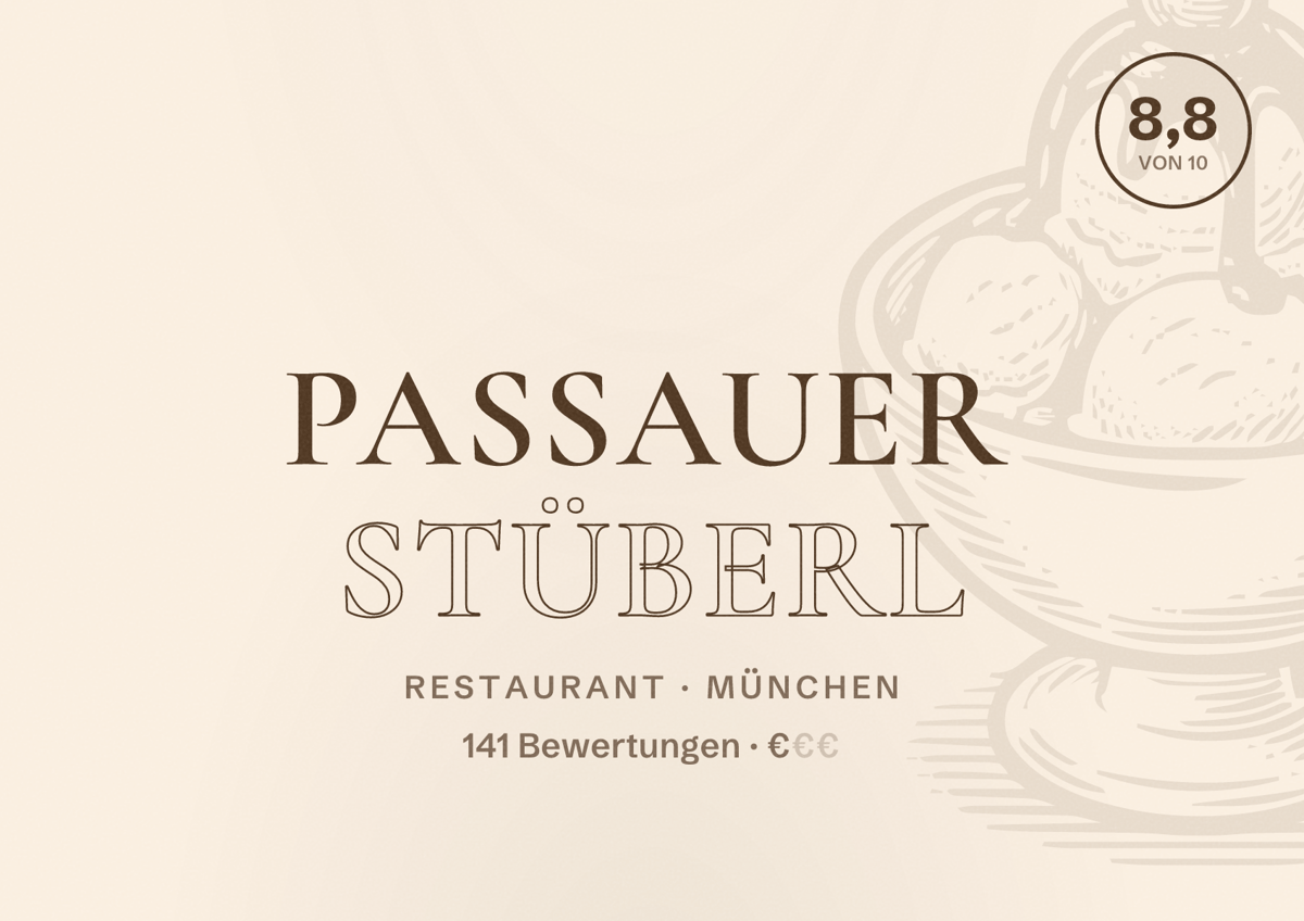 Illustriertes Poster von Passauer Stüberl, Restaurant in München: Bewertung 8,8 von 10 aus 141 Bewertungen, Preisniveau €