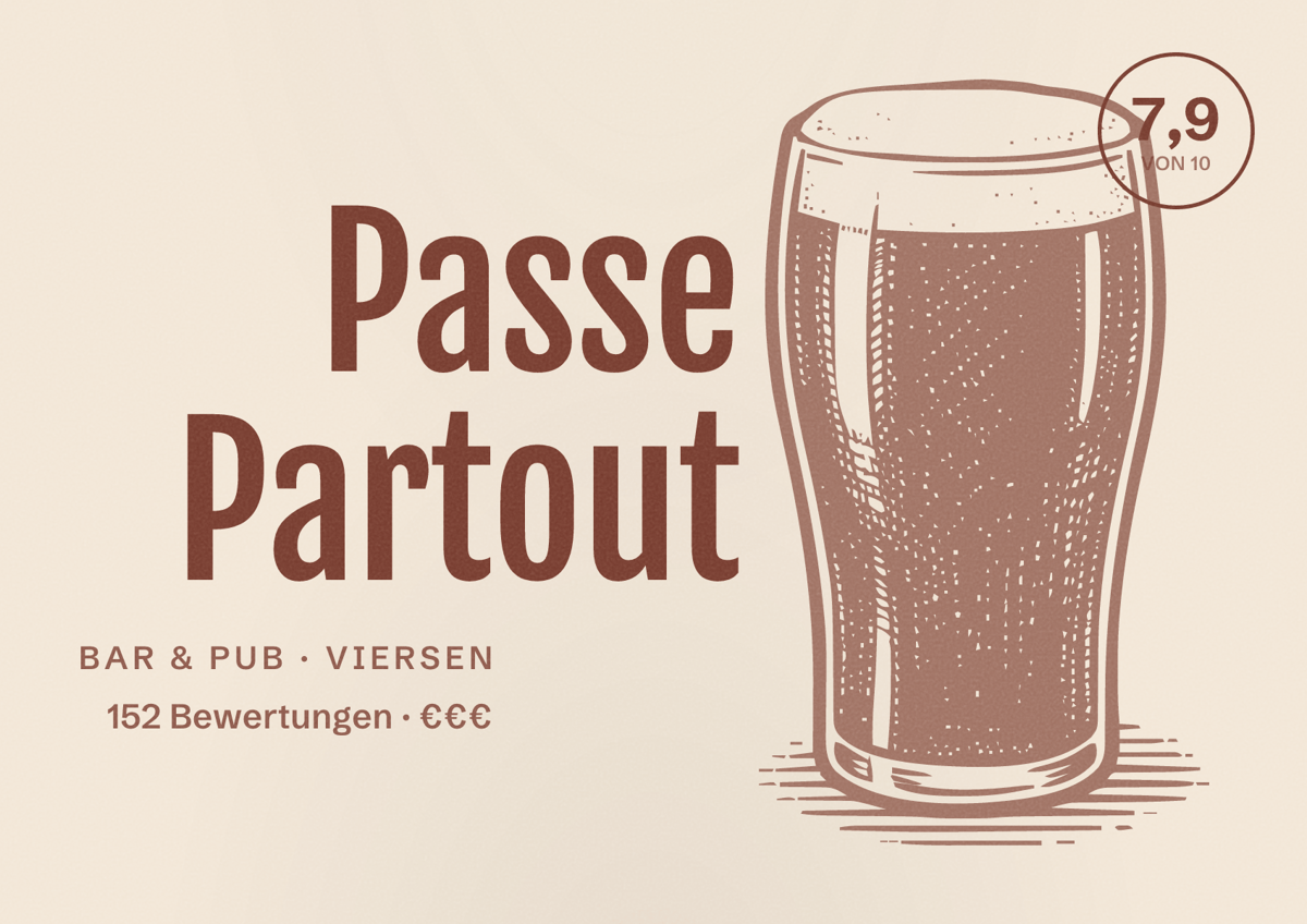 Illustriertes Poster von Passe Partout, Bar & Pub in Viersen: Bewertung 7,9 von 10 aus 152 Bewertungen, Preisniveau €€€
