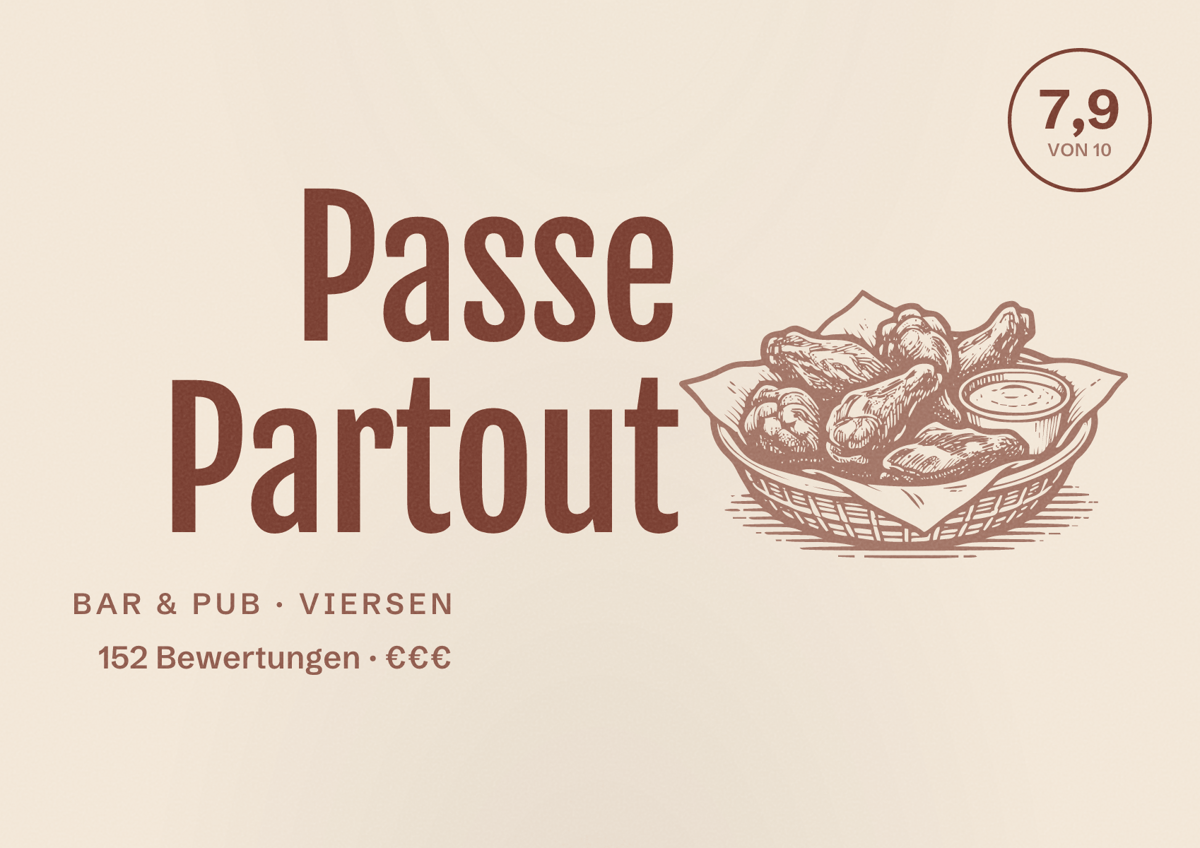 Illustriertes Poster von Passe Partout, Bar & Pub in Viersen: Bewertung 7,9 von 10 aus 152 Bewertungen, Preisniveau €€€
