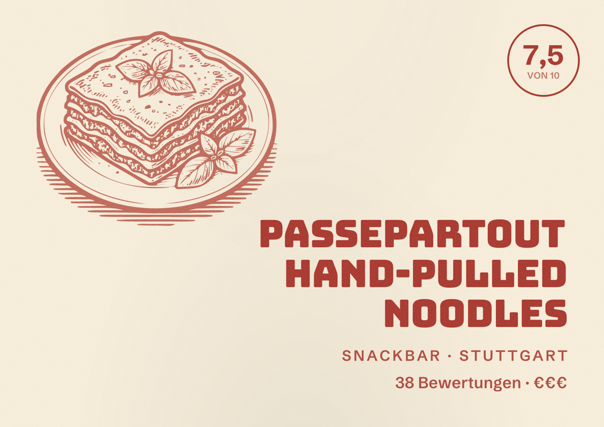 Illustriertes Poster von passepartout hand-pulled noodles, Snackbar in Stuttgart: Bewertung 7,5 von 10 aus 38 Bewertungen, Preisniveau €€€