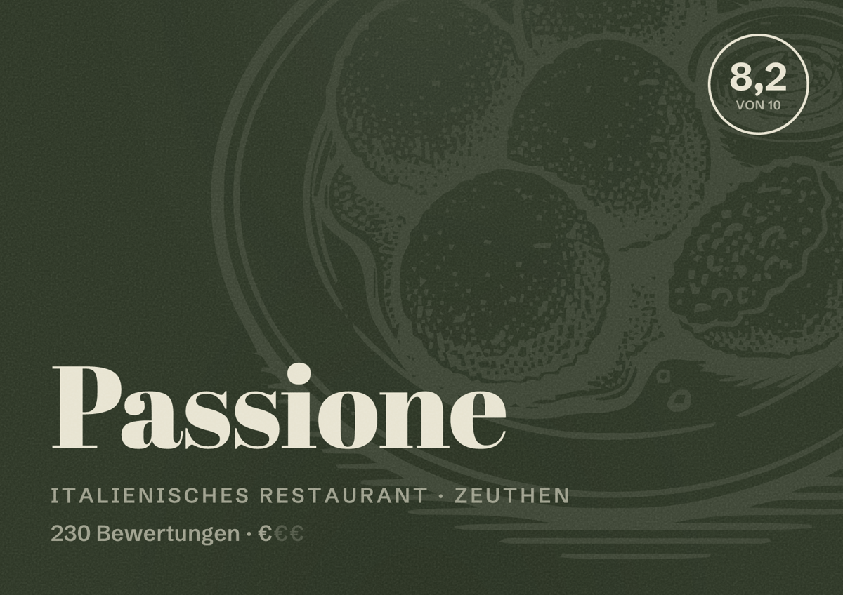 Illustriertes Poster von Passione, Italienisches Restaurant in Zeuthen: Bewertung 8,2 von 10 aus 230 Bewertungen, Preisniveau €