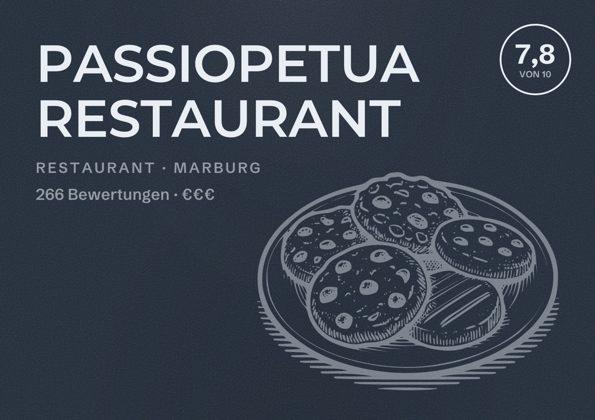 Illustriertes Poster von PASSIOPETUA RESTAURANT, Restaurant in Marburg: Bewertung 7,8 von 10 aus 266 Bewertungen, Preisniveau €€€