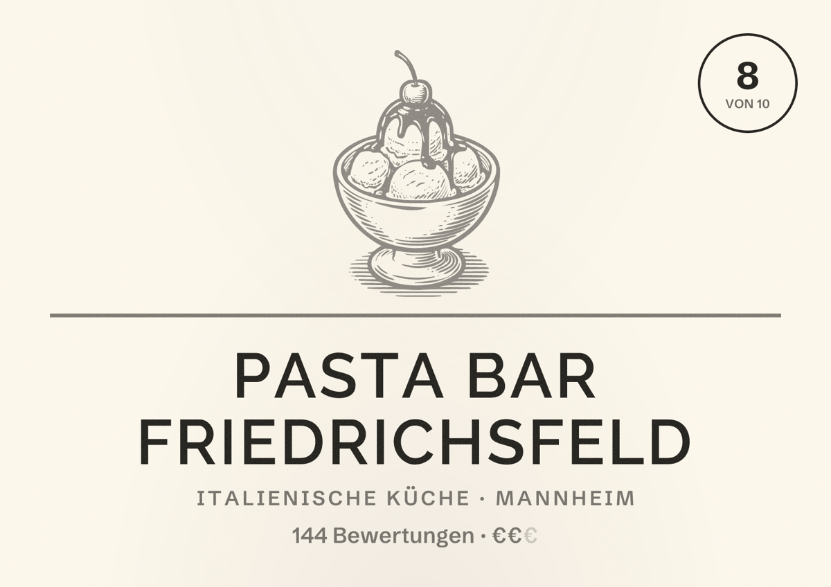 Illustriertes Poster von Pasta Bar Friedrichsfeld, Italienische Küche in Mannheim: Bewertung 8 von 10 aus 144 Bewertungen, Preisniveau €€