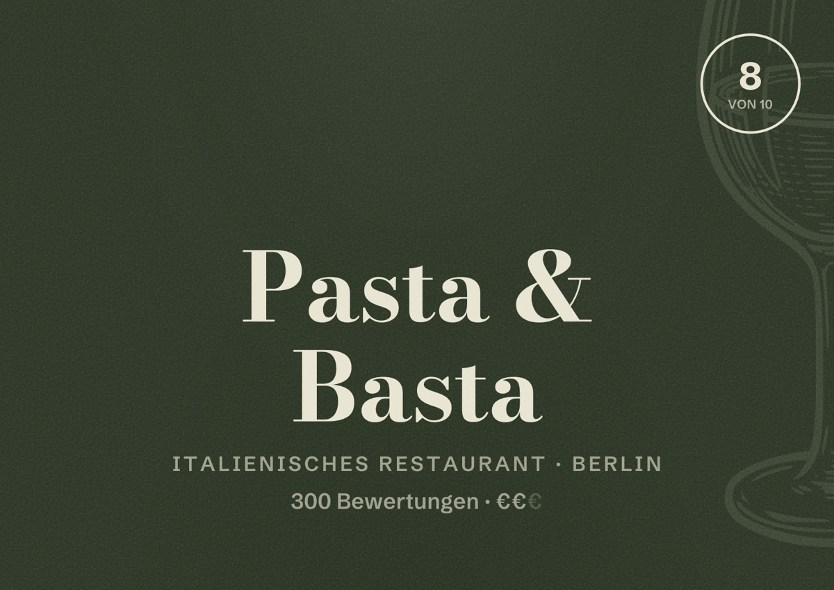 Illustriertes Poster von Pasta & Basta, Italienisches Restaurant in Berlin: Bewertung 8 von 10 aus 300 Bewertungen, Preisniveau €€