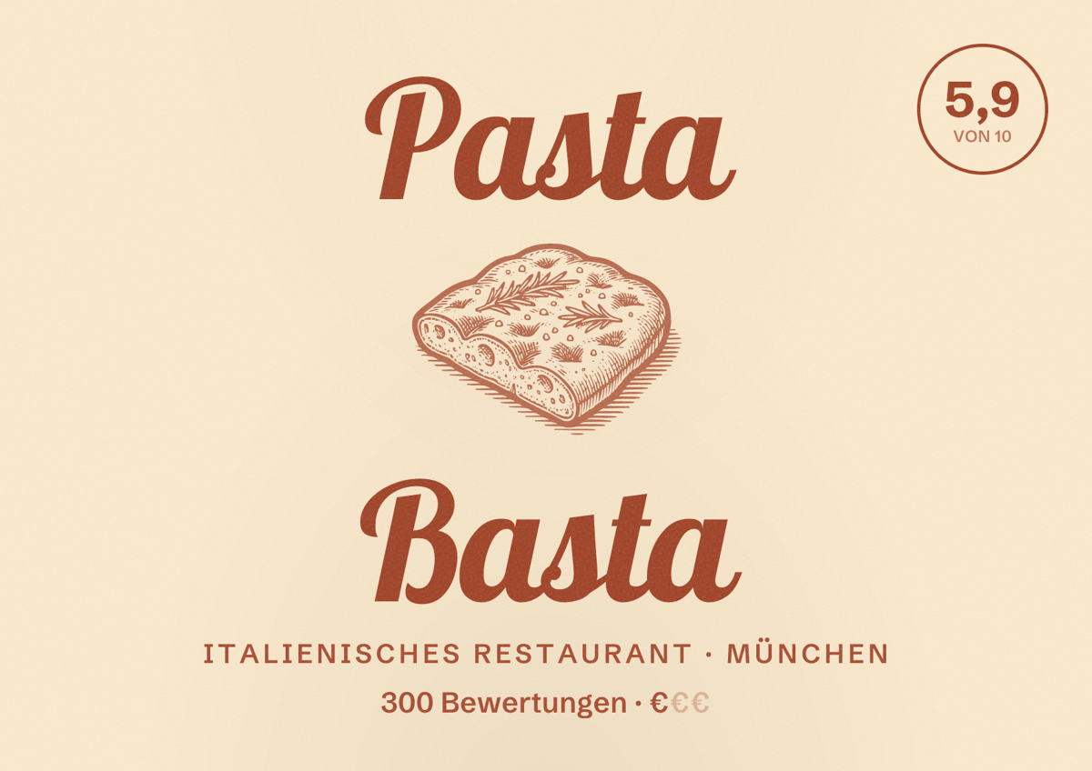 Illustriertes Poster von Pasta Basta, Italienisches Restaurant in München: Bewertung 5,9 von 10 aus 300 Bewertungen, Preisniveau €