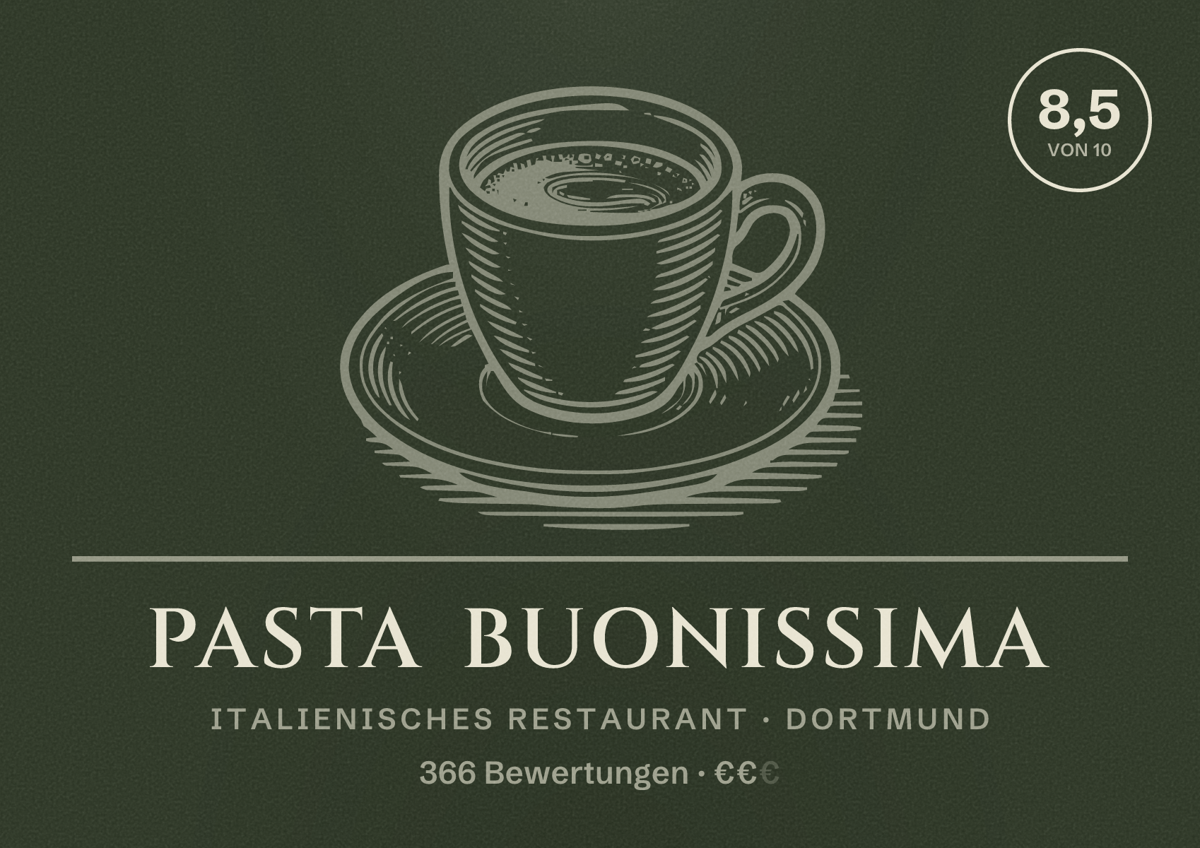 Illustriertes Poster von Pasta Buonissima, Italienisches Restaurant in Dortmund: Bewertung 8,5 von 10 aus 366 Bewertungen, Preisniveau €€
