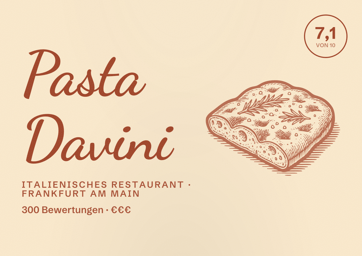Illustriertes Poster von Pasta Davini, Italienisches Restaurant in Frankfurt am Main: Bewertung 7,1 von 10 aus 300 Bewertungen, Preisniveau €€€
