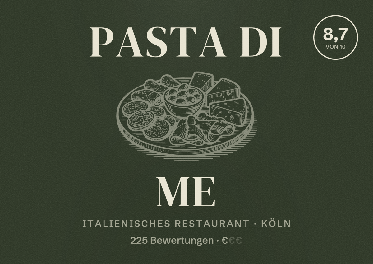 Illustriertes Poster von Pasta Di Me, Italienisches Restaurant in Köln: Bewertung 8,7 von 10 aus 225 Bewertungen, Preisniveau €