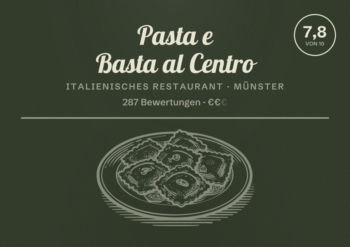 Illustriertes Poster von Pasta e Basta al Centro, Italienisches Restaurant in Münster: Bewertung 7,8 von 10 aus 287 Bewertungen, Preisniveau €€