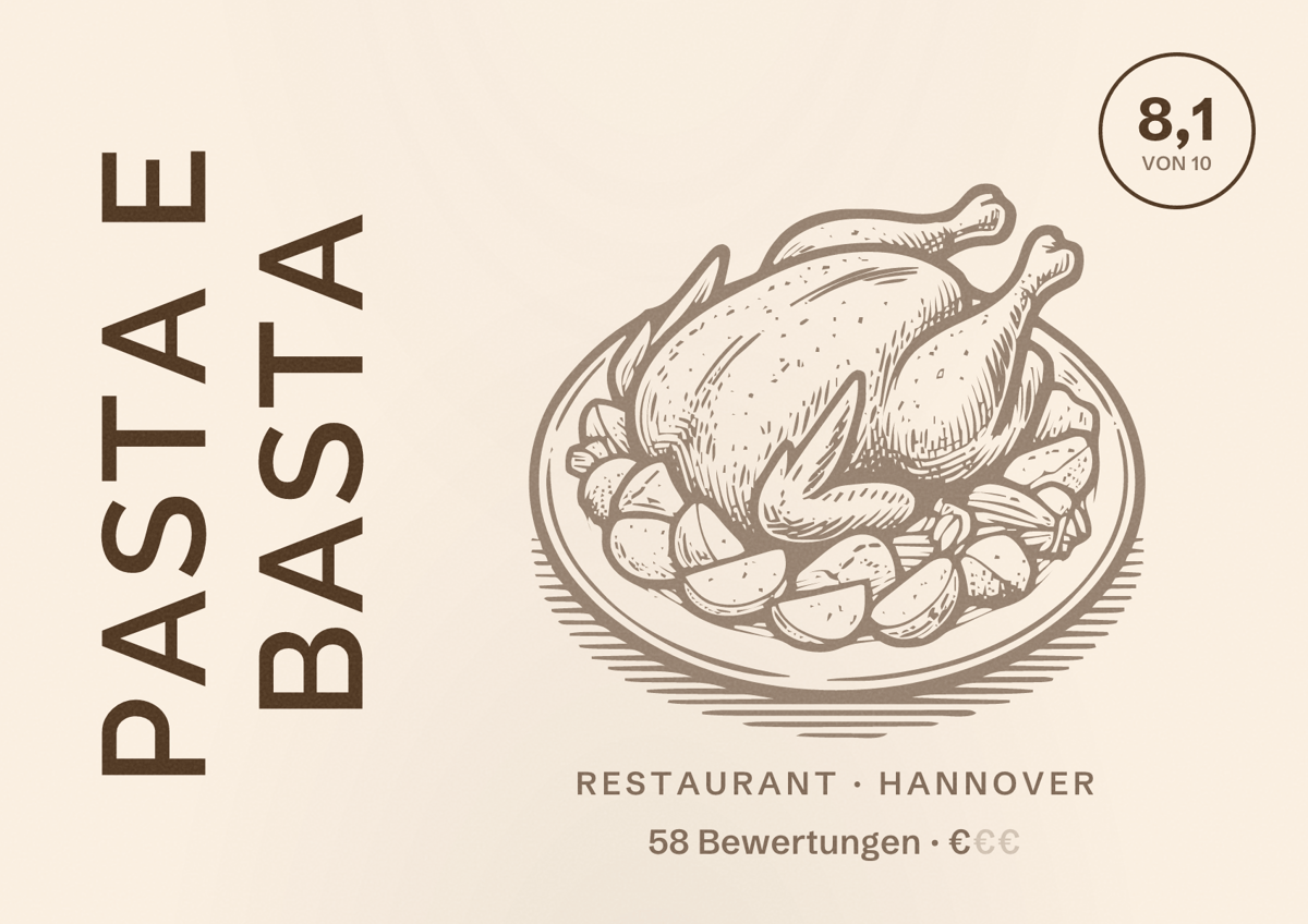 Illustriertes Poster von Pasta e Basta, Restaurant in Hannover: Bewertung 8,1 von 10 aus 58 Bewertungen, Preisniveau €