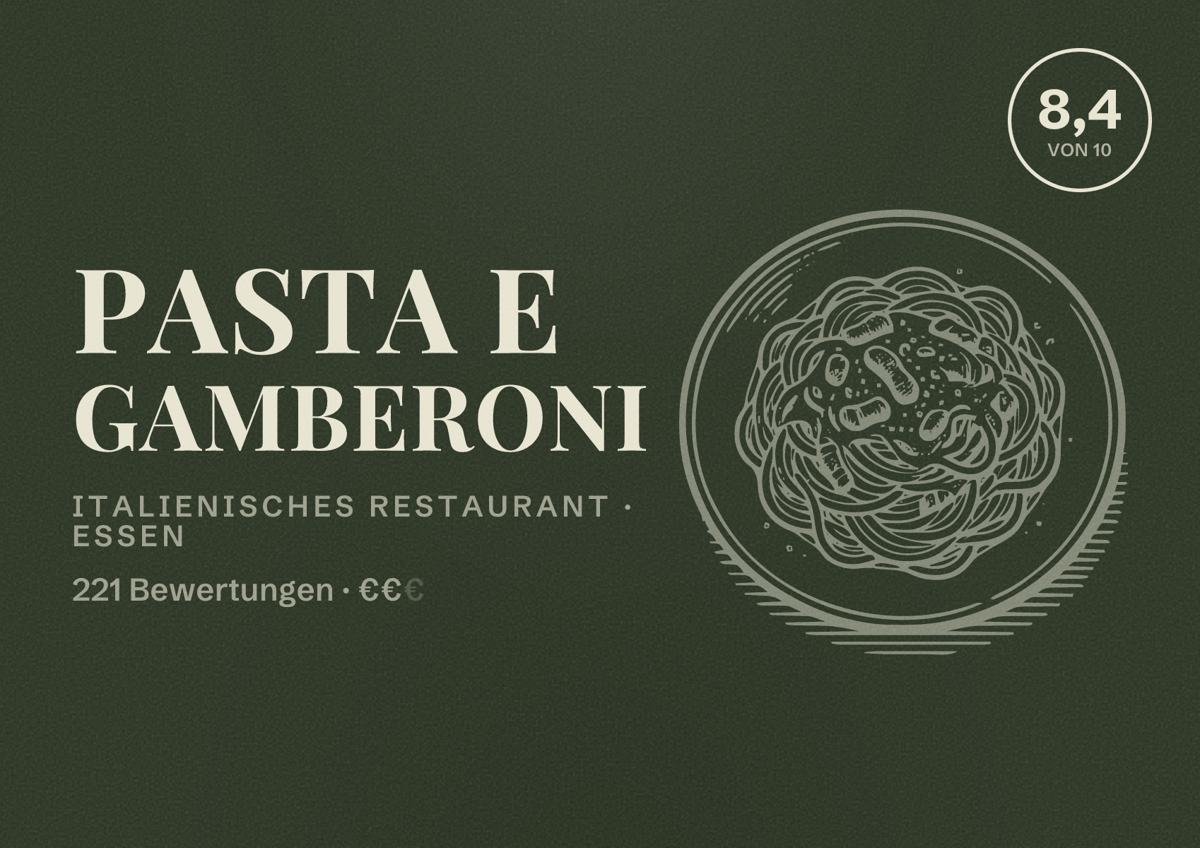 Illustriertes Poster von Pasta e Gamberoni, Italienisches Restaurant in Essen: Bewertung 8,4 von 10 aus 221 Bewertungen, Preisniveau €€