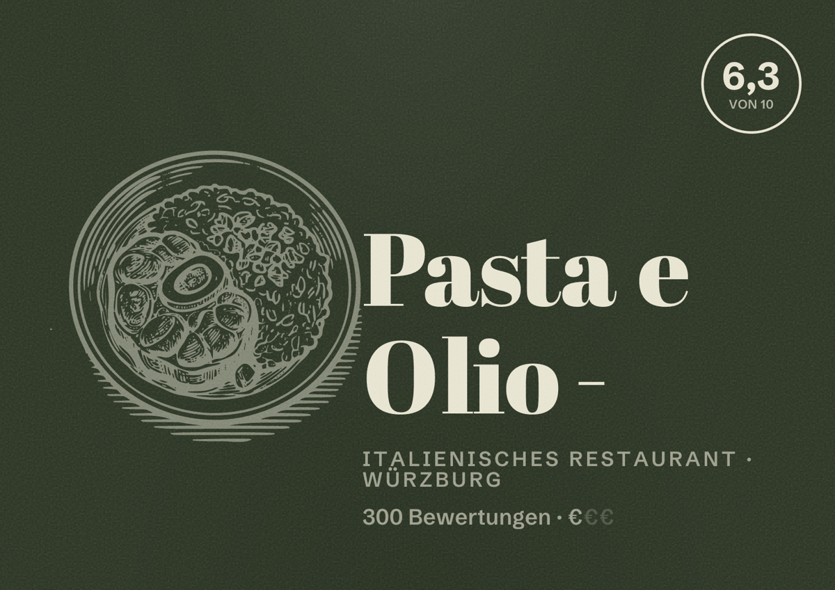 Illustriertes Poster von Pasta e Olio -, Italienisches Restaurant in Würzburg: Bewertung 6,3 von 10 aus 300 Bewertungen, Preisniveau €