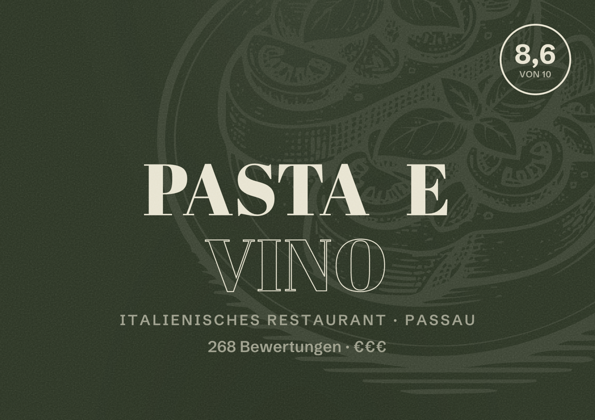 Illustriertes Poster von Pasta e vino, Italienisches Restaurant in Passau: Bewertung 8,6 von 10 aus 268 Bewertungen, Preisniveau €€€