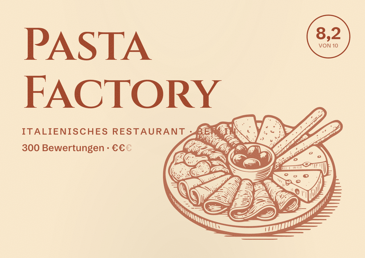Illustriertes Poster von Pasta Factory, Italienisches Restaurant in Berlin: Bewertung 8,2 von 10 aus 300 Bewertungen, Preisniveau €€