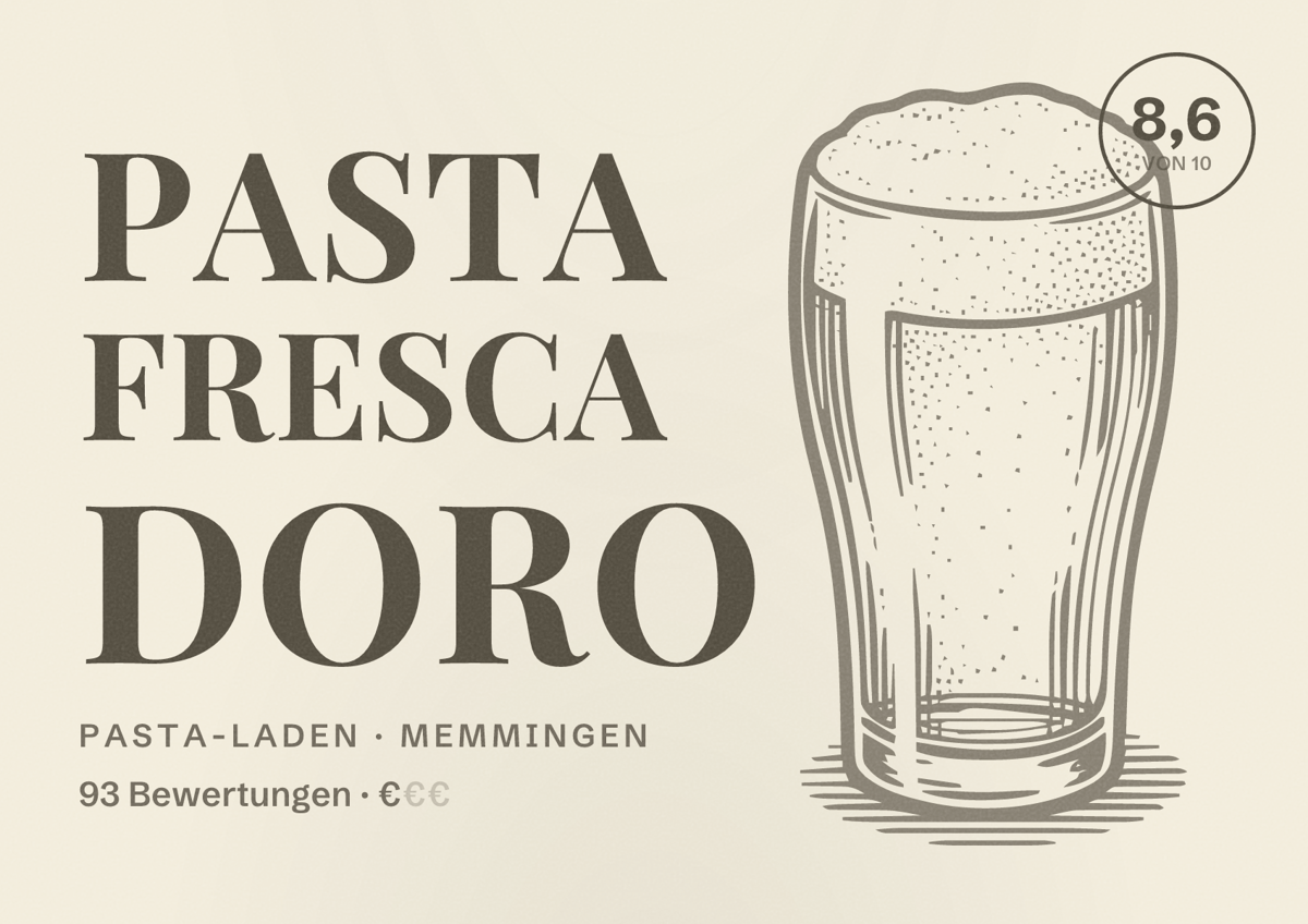Illustriertes Poster von Pasta Fresca Doro, Pasta-Laden in Memmingen: Bewertung 8,6 von 10 aus 93 Bewertungen, Preisniveau €