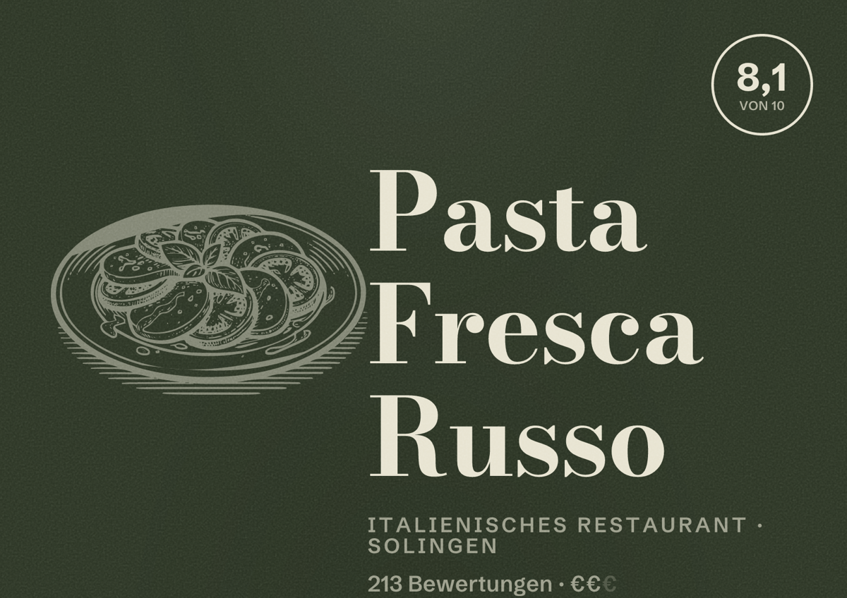 Illustriertes Poster von Pasta Fresca Russo, Italienisches Restaurant in Solingen: Bewertung 8,1 von 10 aus 213 Bewertungen, Preisniveau €€